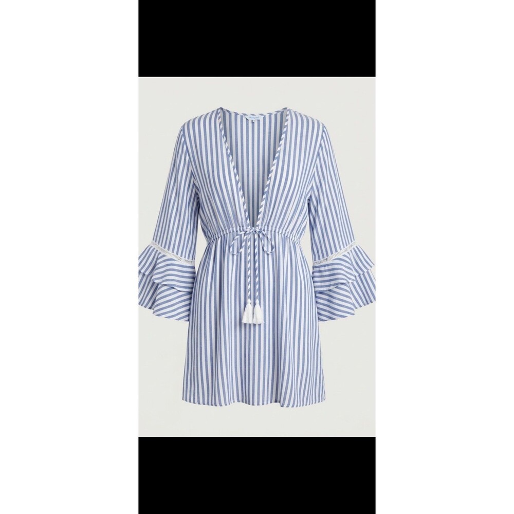 NWOT Blue Island 100% Rayon White Stripe Beach Cover-Up Dress Bell Sleeves XL - Picture 2 of 9